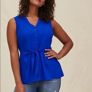 Electric Blue Georgette Peplum Tie Front Sleeveless Blouse